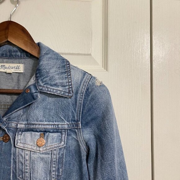 Madewell Womens Medium Wash Distressed Pockets Button Up Denim Jean Jacket XS - Picture 7 of 10